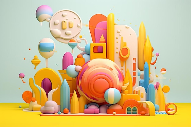 een kleurrijke illustratie van een kleurrijke stad met een gele achtergrond.