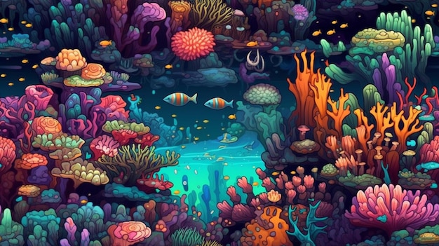Een kleurrijke illustratie van een koraalrif met vissen en koralen.
