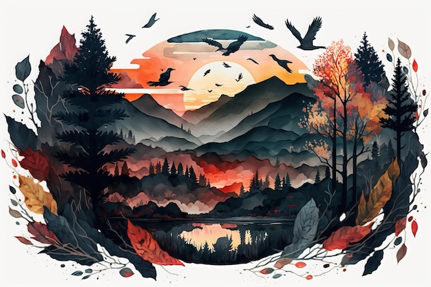 Een kleurrijke illustratie van een landschap met bergen en vogels.