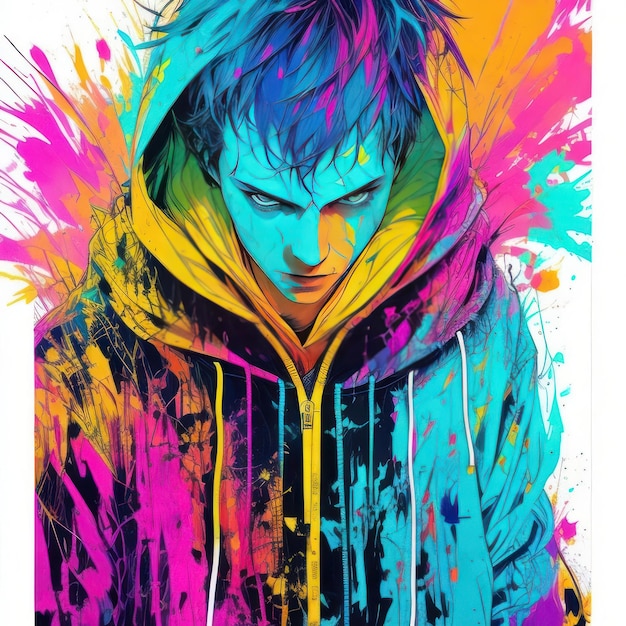 Een kleurrijke illustratie van een man met een hoodie die zegt 'ik ben geen fan'