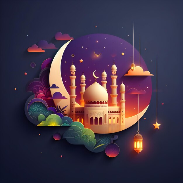 Een kleurrijke illustratie van een moskee met een blauwe achtergrond met een kleurrijke maan en sterren