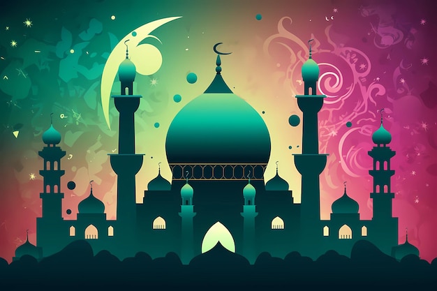 Een kleurrijke illustratie van een moskee met een halve maan op de top.