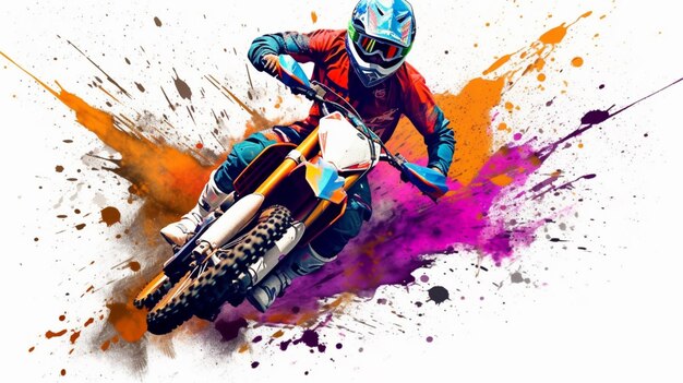 Een kleurrijke illustratie van een motorcrosser met een kleurrijke achtergrond.