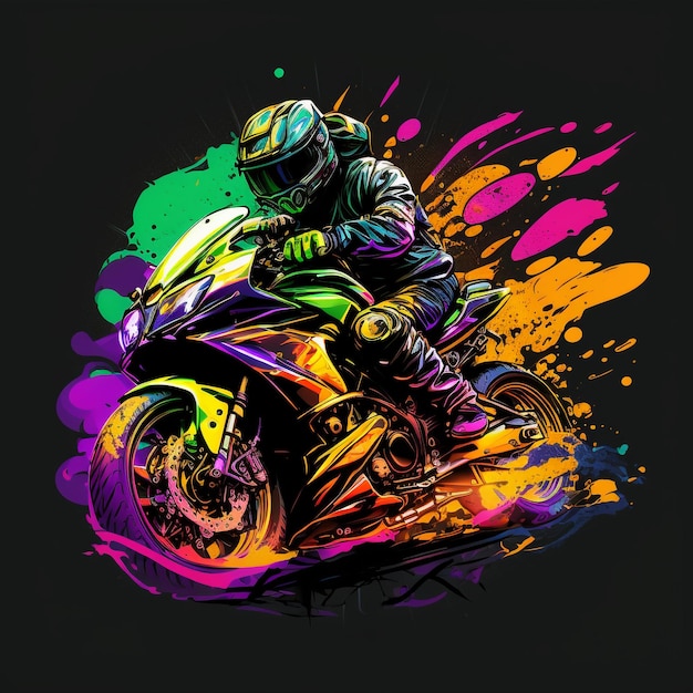 Een kleurrijke illustratie van een motorfiets met een berijder die een helm draagt.