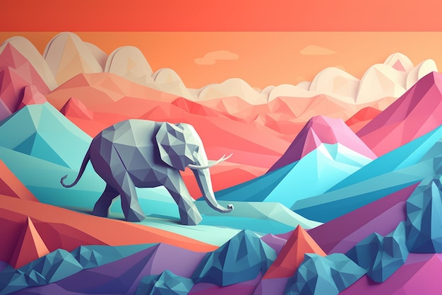 Een kleurrijke illustratie van een olifant in de woestijn.