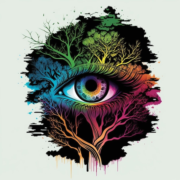 Een kleurrijke illustratie van een oog met aan de linkerkant een boom.