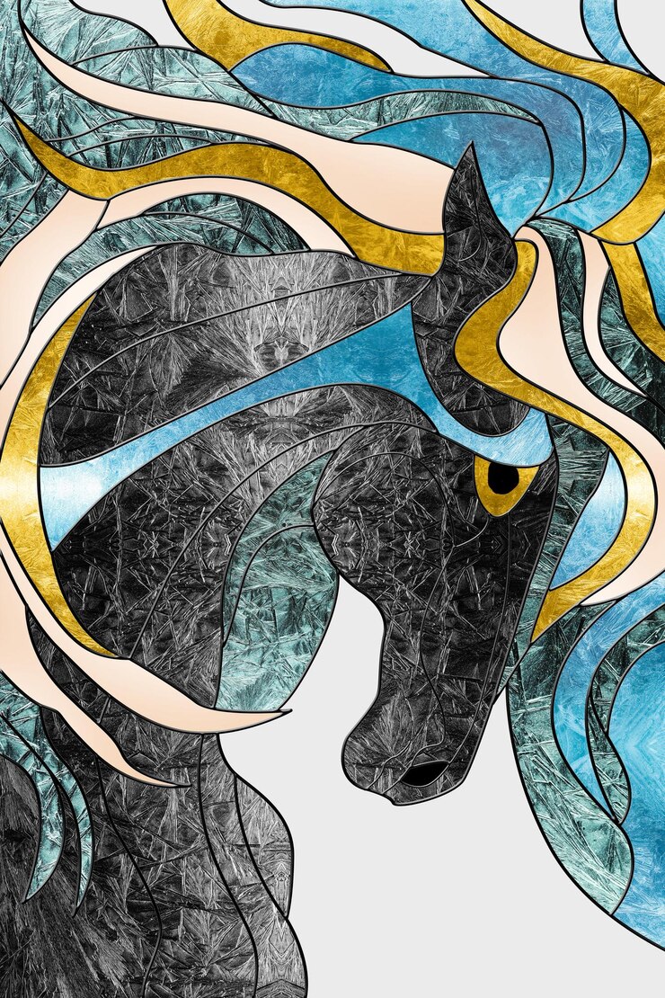 Foto een kleurrijke illustratie van een paard in een blauwe en gouden kleur.