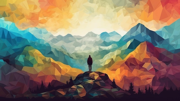 Een kleurrijke illustratie van een persoon die op een heuvel staat met bergen op de achtergrond.