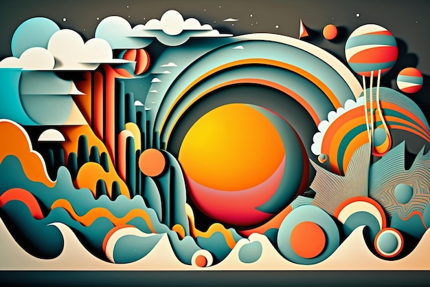 Een kleurrijke illustratie van een planeet met een berg op de achtergrond.