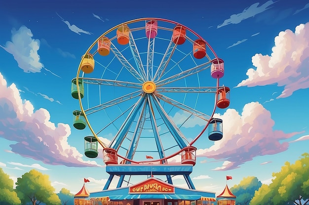 Een kleurrijke illustratie van een reuzenwiel met een blauwe hemel en wolken op de achtergrond