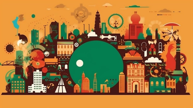 Een kleurrijke illustratie van een stad met een cirkel die 'city of london' zegt