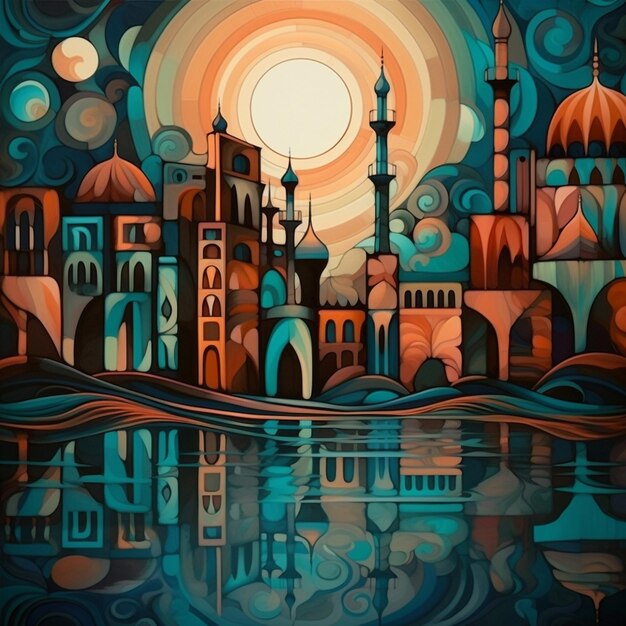 Een kleurrijke illustratie van een stad met een maan en de maan.