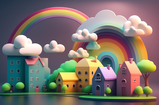 Een kleurrijke illustratie van een stad met een regenboog en een regenboog