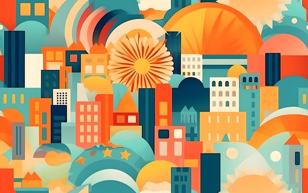 Een kleurrijke illustratie van een stad met een zon en een ster erop.