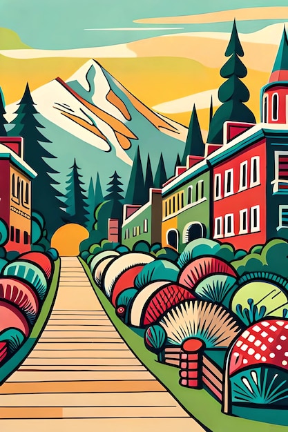 Een kleurrijke illustratie van een straat met een berg op de achtergrond.