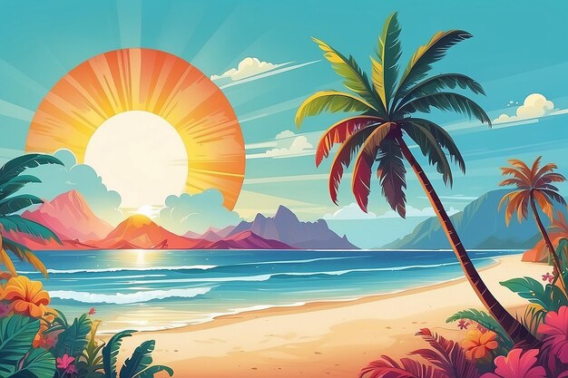 Een kleurrijke illustratie van een strand met een palmboom en een zon erop