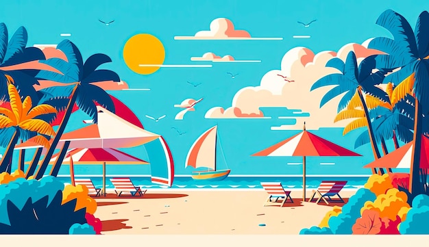 Een kleurrijke illustratie van een strand met een strandtafereel en een zeilboot op de achtergrond.
