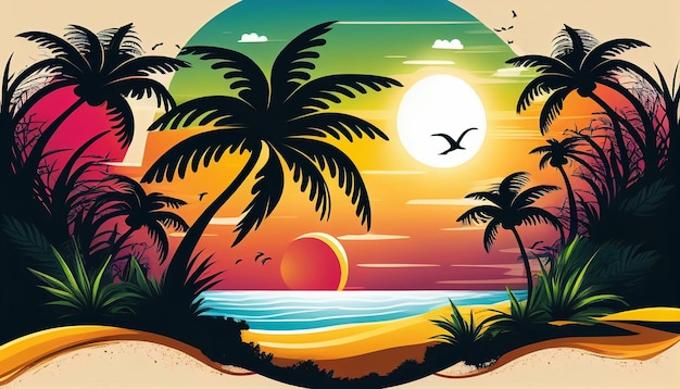 Een kleurrijke illustratie van een strand met palmbomen en een zonsondergang.