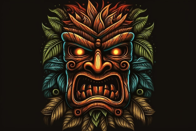 Een kleurrijke illustratie van een tiki-masker met gloeiende ogen.