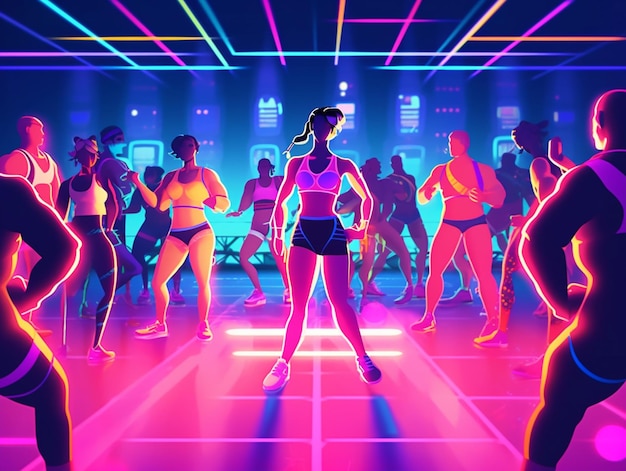 Foto een kleurrijke illustratie van een vrouw die danst in een club met een neonlicht op de vloer.