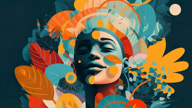 Een kleurrijke illustratie van het gezicht van een vrouw met een florale achtergrond.