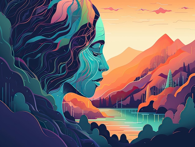 Een kleurrijke illustratie van het gezicht van een vrouw met een meer in het achtergrondlandschaps digitale art