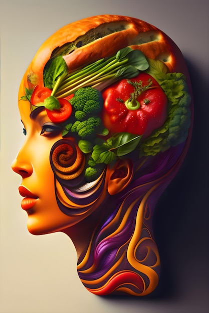 Een kleurrijke illustratie van het hoofd van een vrouw met groenten en een regenboogkleurig hoofd.