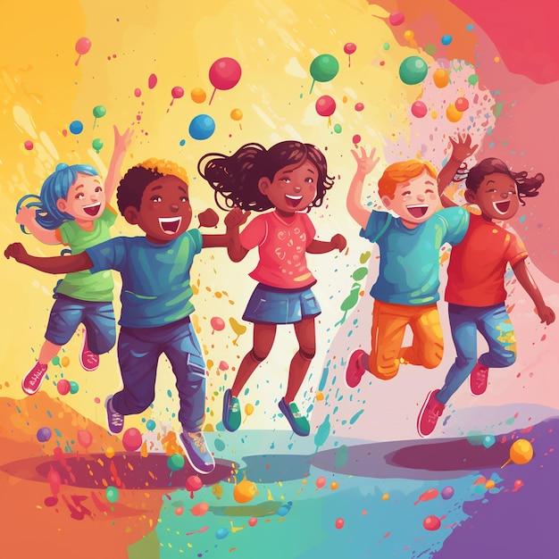Een kleurrijke illustratie van kinderen die in de lucht springen met kleurrijke verfspatten.