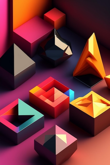 Een kleurrijke illustratie van kubussen met onderaan het woord driehoek.