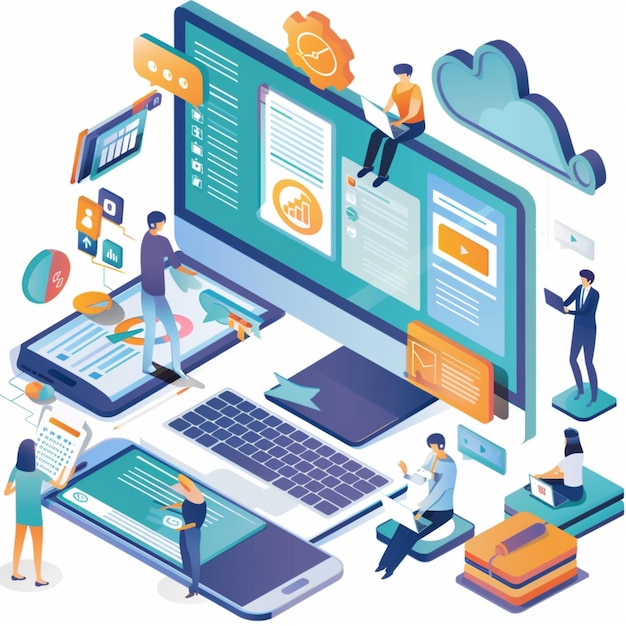 een kleurrijke illustratie van mensen die aan een computer werken met een computerscherm dat zegt quot mac qu