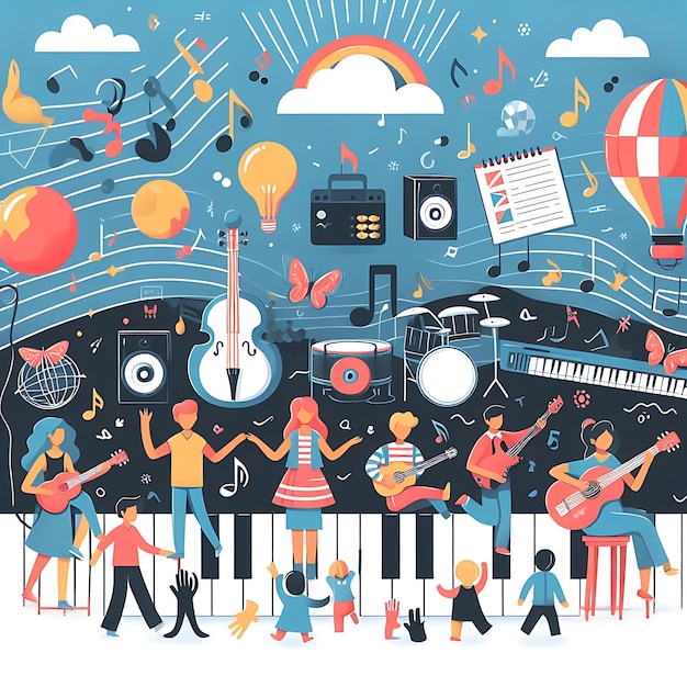 een kleurrijke illustratie van mensen die muziek spelen en een kleurige achtergrond met een vector