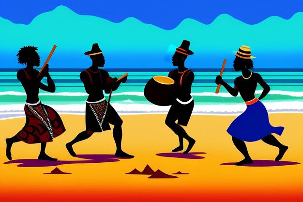 Een kleurrijke illustratie van mensen die muziek spelen op een strand.