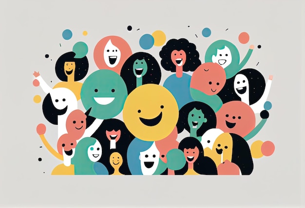 Foto een kleurrijke illustratie van mensen met gezichten en de woorden 'happy faces'