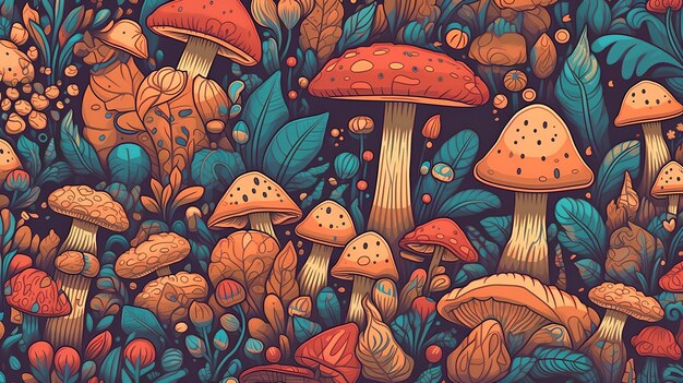 Een kleurrijke illustratie van paddenstoelen met de woorden "paddenstoel" op de bodem.