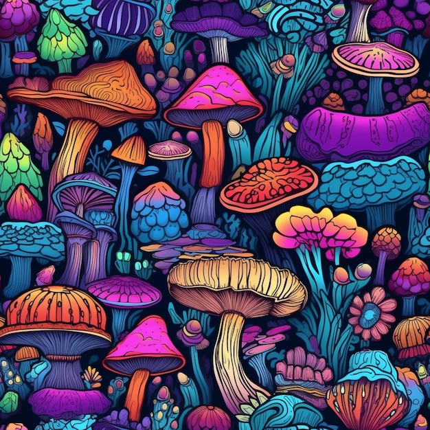 Een kleurrijke illustratie van paddenstoelen op een donkere achtergrond