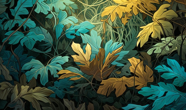 Een kleurrijke illustratie van planten met gele bladeren