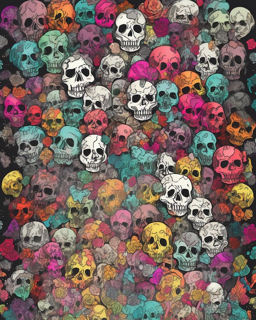Een kleurrijke illustratie van schedels met het woord dag van de doden op de bodem.