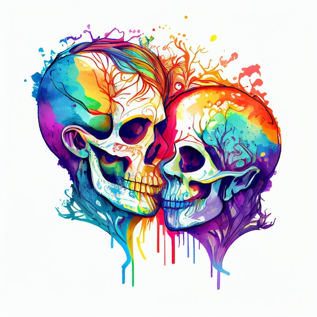 Een kleurrijke illustratie van twee schedels met de woordliefde