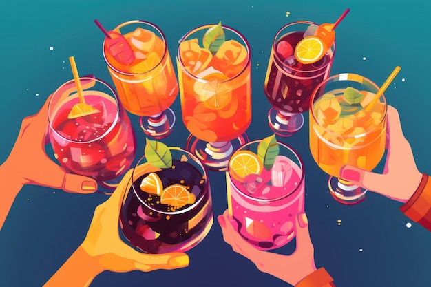 Een kleurrijke illustratie van veel verschillende drankjes waarvan er één door een hand wordt vastgehouden.