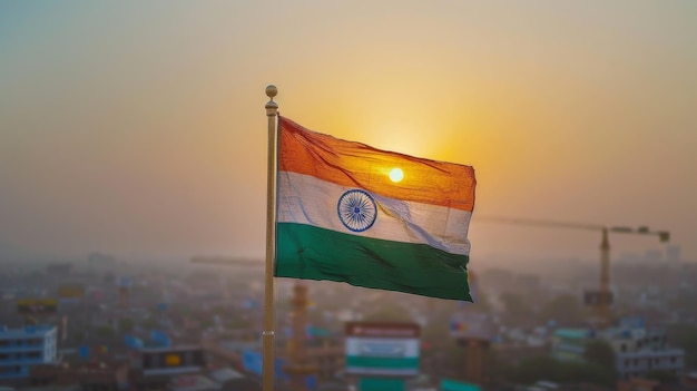 Foto een kleurrijke indiase vlag die in de lucht zwaait op een vlaggenpaal een reeks bouwactiviteiten die op de achtergrond plaatsvinden diepte van het veld ar 169 stylize 250 job id 1d6601a8eef3453ba752103d7e6ef50f