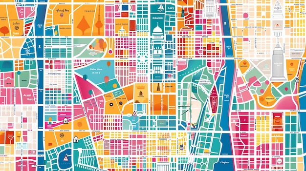 Foto een kleurrijke kaart van een fictieve stad de stad is verdeeld in verschillende wijken, elk met zijn eigen unieke kleurenschema.