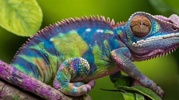 een kleurrijke kameleon met een blauw en groen gezicht