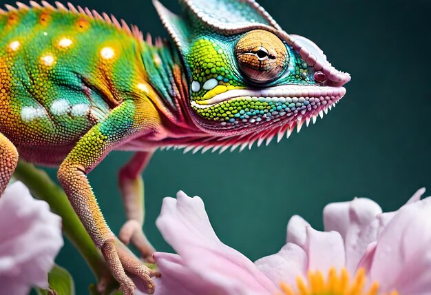 Foto een kleurrijke kameleon met een geel oog en een groen oog