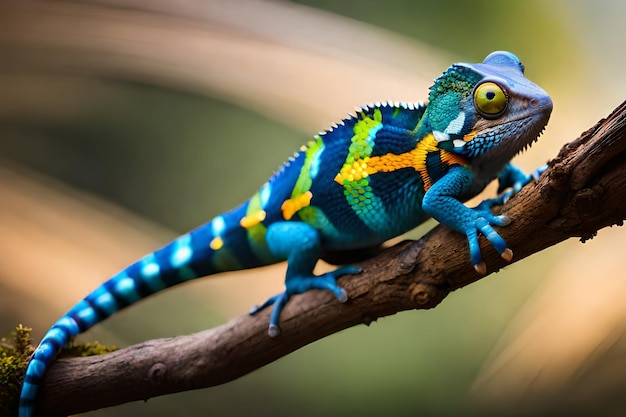 Een kleurrijke kameleon zit op een tak.