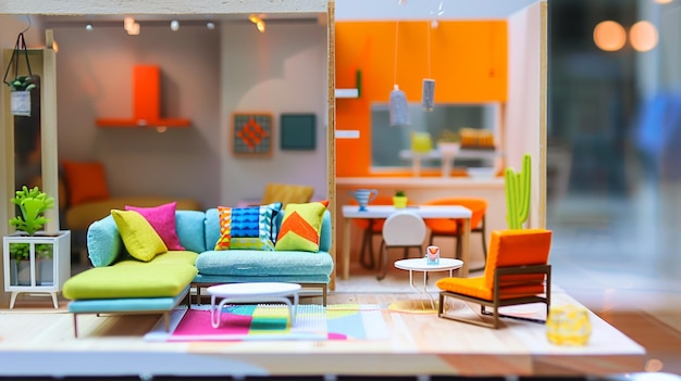 Een kleurrijke kamer met een kleurrijke bank en stoelen met oranje en groene kussens
