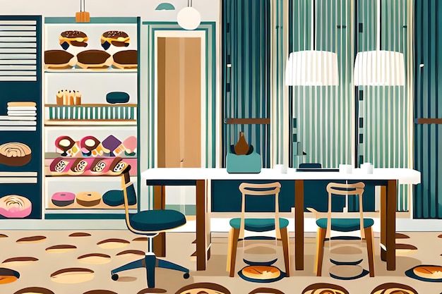 Foto een kleurrijke kamer met een tafel en stoelen en een bord met hamburgers.