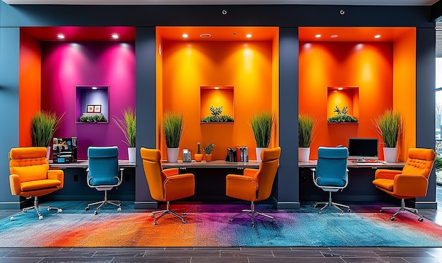 Een kleurrijke kamer met oranje en blauwe stoelen en een kleurrijke muur met een plant in de hoek