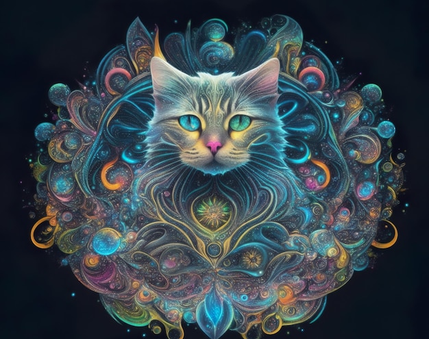 Een kleurrijke kat met blauwe ogen wordt getoond in een kleurrijke illustratie.
