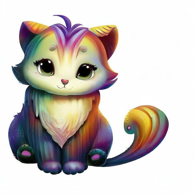 Een kleurrijke kat met regenboogkleurig haar zit op een witte achtergrond.