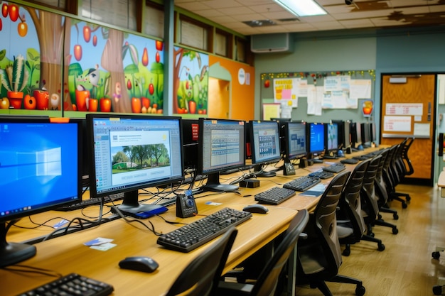 Foto een kleurrijke klas met bureaubladcomputers op een basisschool